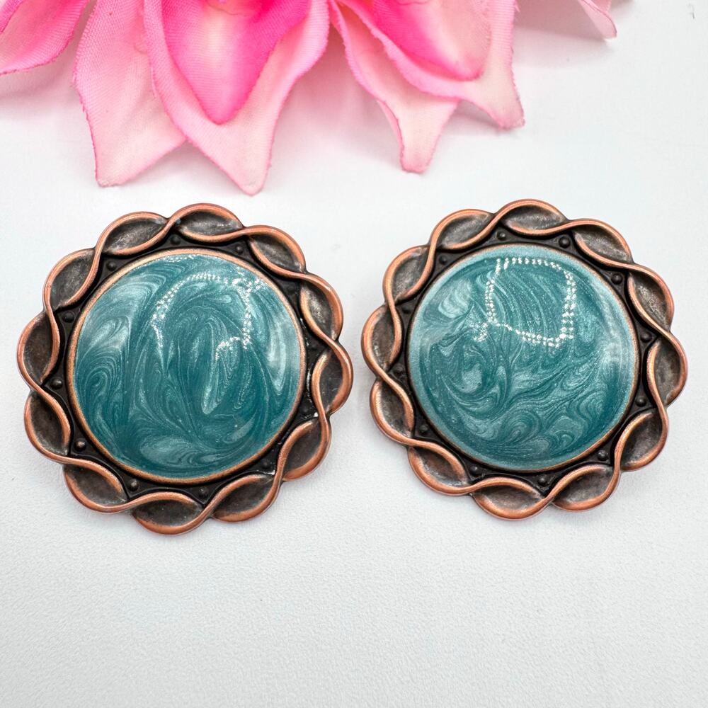 Vintage Teal Pearlized Enamel Copper? Concho Style Earrings Braided Chunky Huge